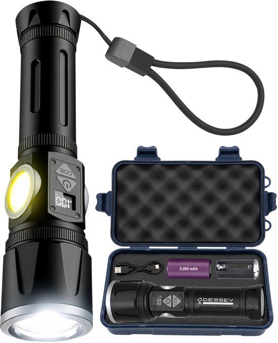 ODESSEY Militaire Zaklamp - LED Oplaadbaar - 5000 mAh Powerbank - Magneet - COB-Verlichting - met Polsband - Zwart