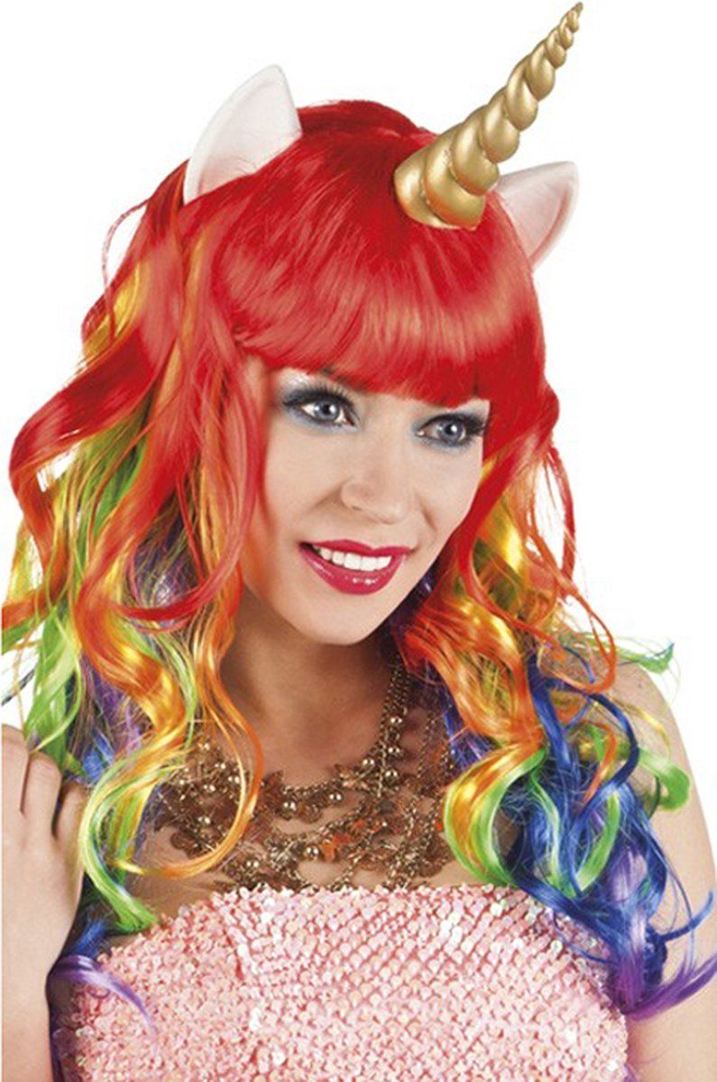 KIMU Regenboog Pruik Eenhoorn Lang Pony Krullen Gouden Hoorn - Unicorn
