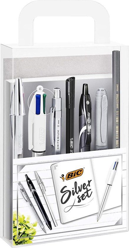 BIC Zilver schrijfset (1 notitieboek, 2 balpennen, 1 gelpen, 1 rollerbalpen, 1 permanente marker, 1 vulpotlood)