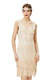 BABEYOND Damesjurk in jaren ’20-retrostijl, flapper, ronde hals, met stijlvolle pailletten, in de stijl van The Great Gatsby, feestjurk, verkleedjurk, beige, S