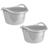 Hega Hogar Grote teil/afwasbak/kuip - 2x - kunststof - rond - handvatten - 54 x 32 cm - 38 liter - zilvergrijs