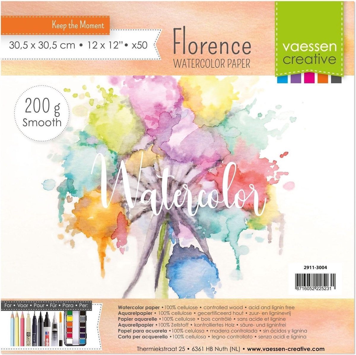 Vaessen Creative 2911-3004 Florence aquarelpapier 30,5 x 30,5 cm in ivoor wit, van 200 g/m2 glad papier, 50 vellen voor scrapbooking, aquarelschilderwerk, handlettering en borstel lettering