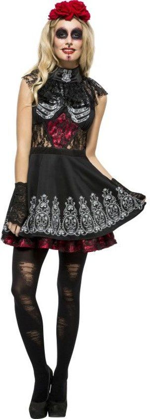 Smiffys Spaans & Mexicaans Kostuum Zwart Dia De Los Muertos Jurkje Vrouw Small Halloween Verkleedkleding