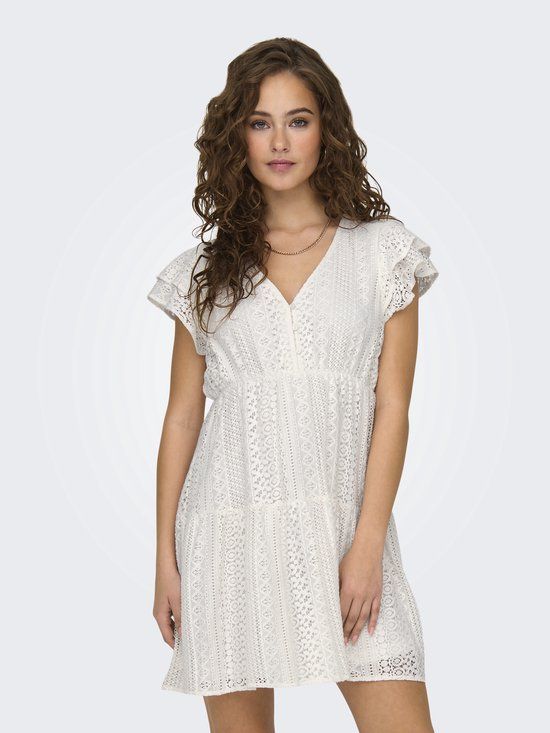 ONLY - ONLHELENA LACE CAPSL DRESS WVN NOOS - Dames - Mini jurken - Cloud Dancer - M - Korte mouw - Katoen - 2024