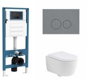 QeramiQ Dely Swirl Toiletset - inbouwreservoir Qeramiq Flush - 35mm zitting - kunststof licht grijze bedieningsplaat - ronde knoppen - mat wit