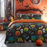 Bedlam - Halloween dekbedovertrek met pompoen en schedels - eenpersoonsbeddengoed (140 x 200 cm) - omkeerbaar (2 ontwerpen) - Glow in the Dark dekbedovertrek - skelet- en vleermuisontwerp
