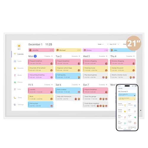 Dragon Touch Digitale kalender, 21,5 inch, 1920 x 1080 FHD, elektronische wandkalender, familieplanner met 32 GB geheugen en wandhouder, touchscreen, intelligente tafelkalender, wit