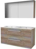Basic Line Comfort 46 Badkamermeubelset - 120 x 46 cm - Met Grepen - 2 Lades - Keramische Wastafel - 2 Kraangaten - Spiegelkast - Scotch Oak