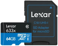 Lexar 633x MicroSDXC 64GB - Class 10 - 95MB/s + SD Adapter