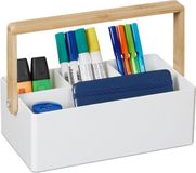 Merkloos Relaxdays pennenbak - bamboe handvat - 4 vakken - bureau organizer - wit