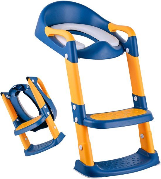 Relaxdays Kindertoiletbril met Trapje, Blauw/Geel, Kunststof