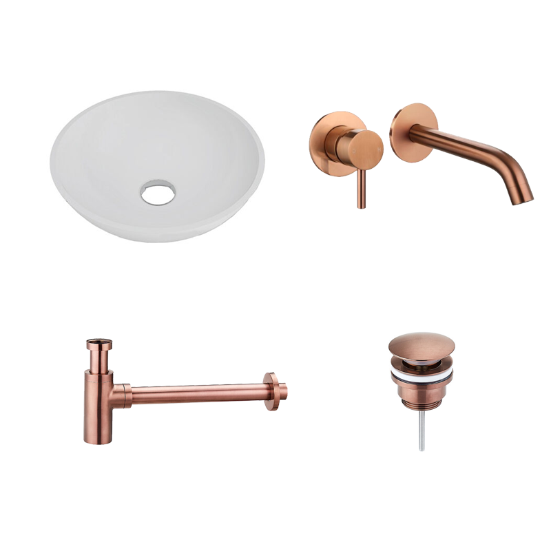 Badkamerplanet Solid Surface Waskomset Aquino rond Brons Inbouwkraan 38x38x12 cm