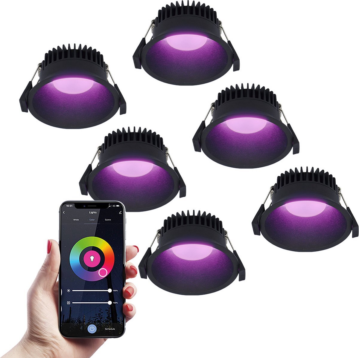 HOFTRONIC SMART 6x Finn Smart LED inbouwspot - 10 Watt - Plafondspot - RGBWW - WiFi + Bluetooth - 630 Lumen - Binnen & buiten - Verzonken spot - Amazon Alexa + Google Assist - Zwart