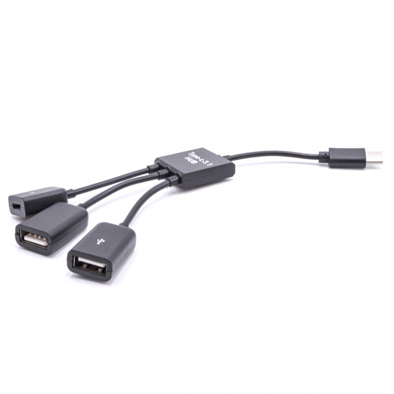 VHBW USB-C hub met 2 USB-A + 1 USB Micro B poorten - busgevoed - USB2.0 / zwart - 0,15 meter