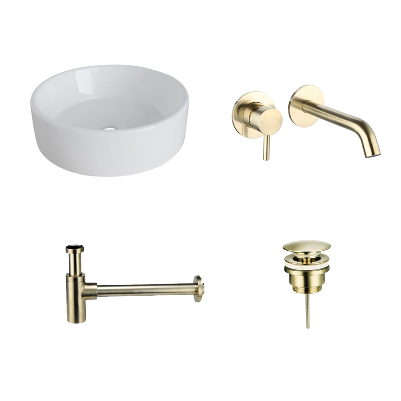 Badkamerplanet Keramische Waskomset Viola Goud Inbouwkraan 38,5x38,5x12 cm