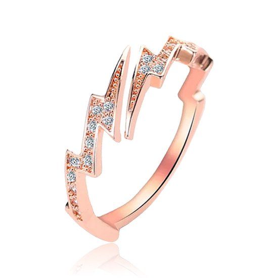 LGT JWLS Lookinggoodtoday Verstelbare Koperen Ring met Rose Goud Coating - Bliksemvorm met Zirkonia Steentjes
