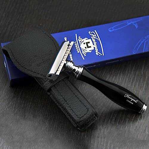 Haryali London Heren Scheren Classic DE Safety Razor in Zwart & Echt Lederen Beschermende Tas | Heren Scheren & Grooming > Gents Travel Essentials - Cadeau voor Hem