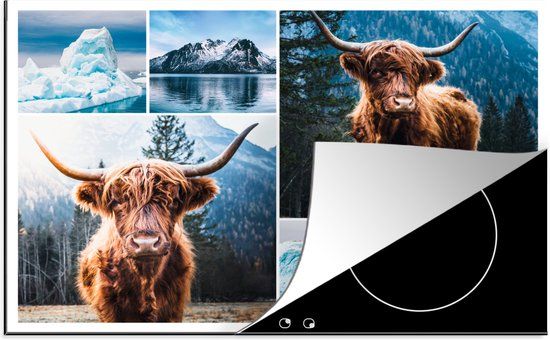 KitchenYeah® Inductie beschermer 77x51 cm - Schotse hooglander - Collage - Winter - Inductie beschermer