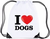 Bellatio Decorations Nylon I love dogs/ honden rugzak/ gymtas wit met rijgkoord