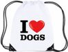Bellatio Decorations Nylon I love dogs/ honden rugzak/ gymtas wit met rijgkoord