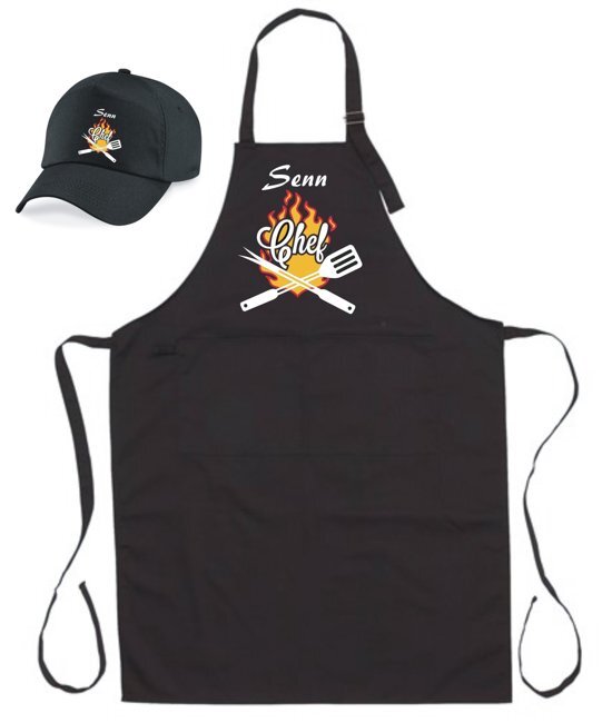 mijncadeautje Fashion Mijncadeautje - Barbecueschort - Chef met voornaam - zwart - XXL 97 x 68 cm - gratis BBQ cap