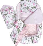 Medi Partners 5-delige babynestjesset 100 x 60 x 15 cm, uitneembaar inzetstuk, bed, knuffelnest, kruipdeken, 100% katoen (bloem met lichtroze minky)