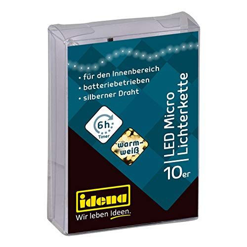 Idena 31114 - Micro LED-lichtketting - 10 LEDs - Warmwit - Timer - 1.2m