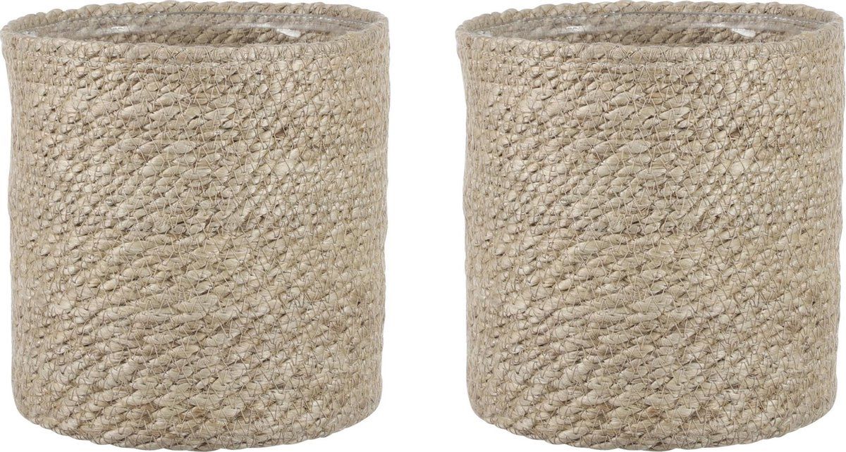 Mica Decorations 2x stuks naturel rotan planten/bloemen pot mand van gedraaid jute/riet H18 en D18 cm - Met plastic binnenkant