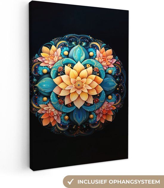 OneMillionCanvasses Canvas schilderij 120x180 cm - Mandala - Blauw/Oranje