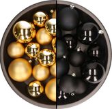 Decoris Kerstversiering kunststof kerstballen kleuren mix zwart/goud 6-8-10 cm pakket van 44x stuks