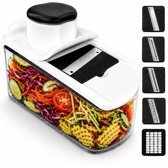 Vivid Green Mandoline Keukensnijder & Groentesnijder - Multifunctioneel 6-in-1 - Met Opvangbak 1,7L - RVS Messen & Veiligheidshouder - Wit