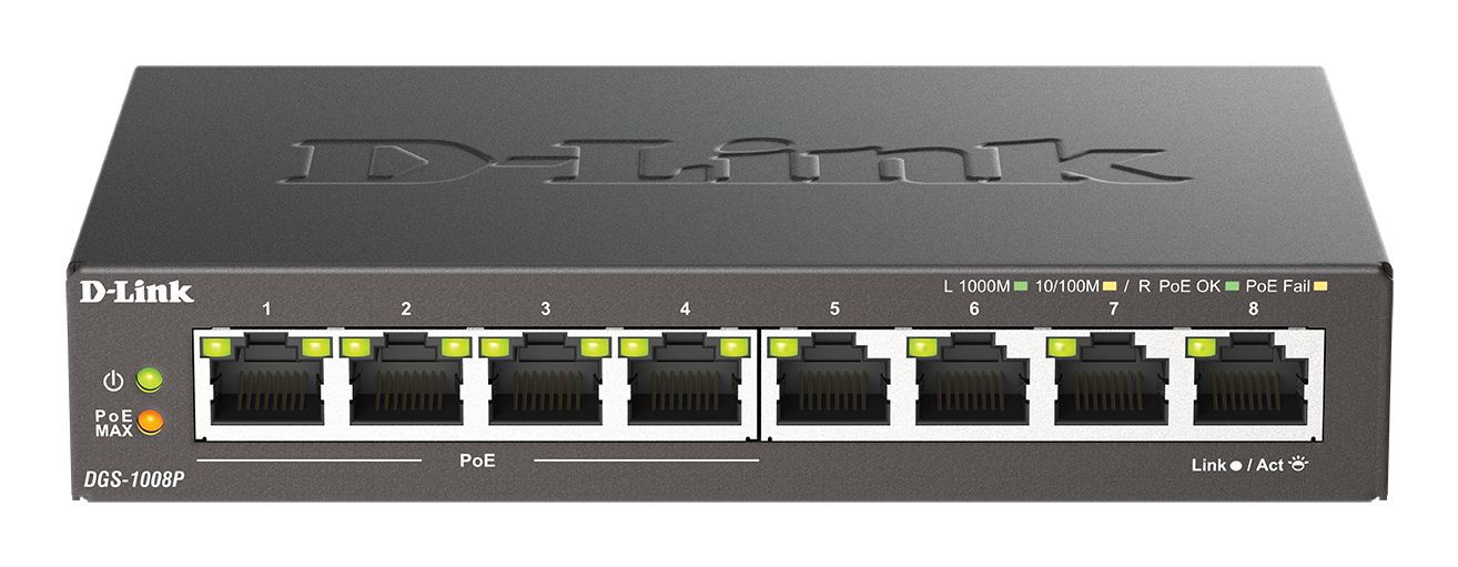 D-Link DGS-1008P - 8-Port Gigabit Unmanaged PoE Switch - Black