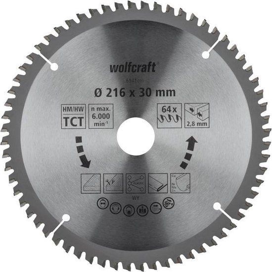 wolfcraft - Zaagblad 216 x 30 mm - 64 Tanden - Kap- en verstekzaagblad HM