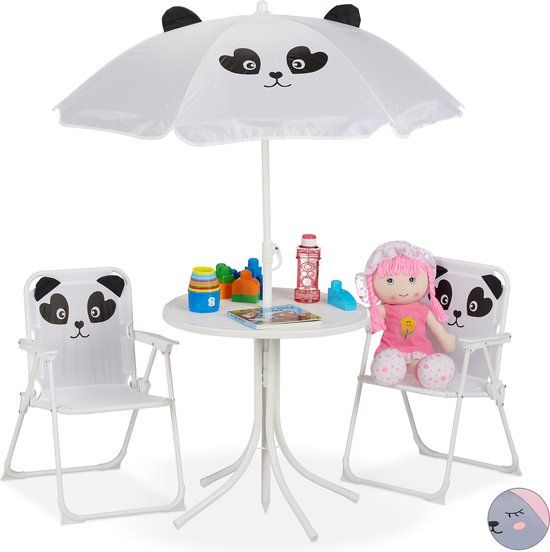 Relaxdays Kinder Tuinset - Kindertafel, Stoelen & Parasol - Panda Design