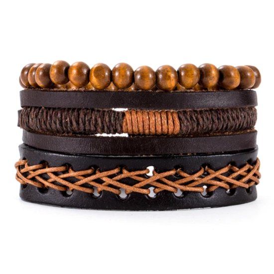 LGT JWLS LGT Jewels Heren armbanden Set Bruin Leer Touw Kralen
