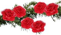 Merkloos / Sans marque Koopman International Kerstboomversiering Bloemen - 6x stuks - 9 cm - rood glitter - op clip - ornament