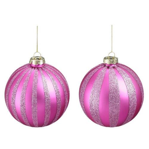Mica Decorations Kerstballen glas streep fuchsia lila - 2 stuks (ø10 cm)