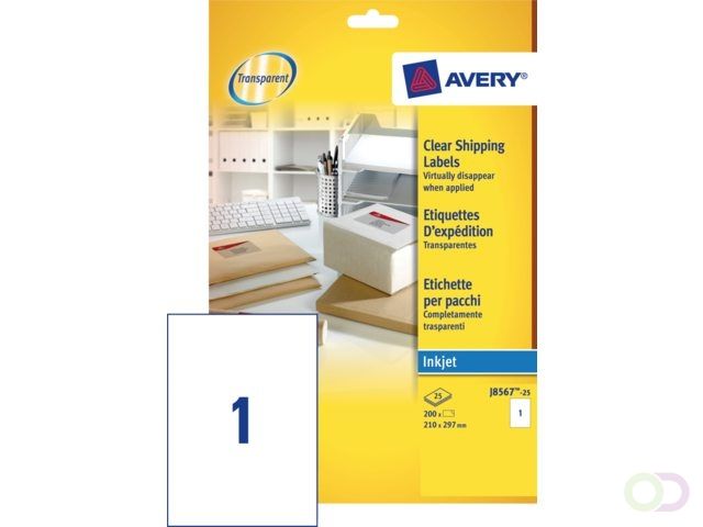 Avery Etiket J8567-25 - 210x297mm - A4 - transparant - 25 stuks