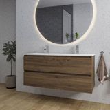 Saniclass Chaci Badkamermeubelset - 120x46x55cm - Keramische Wastafel Wit - 2 Wasbakken - 2 Kraangaten - 2 Lades - Ronde Spiegel met Verlichting - Noten
