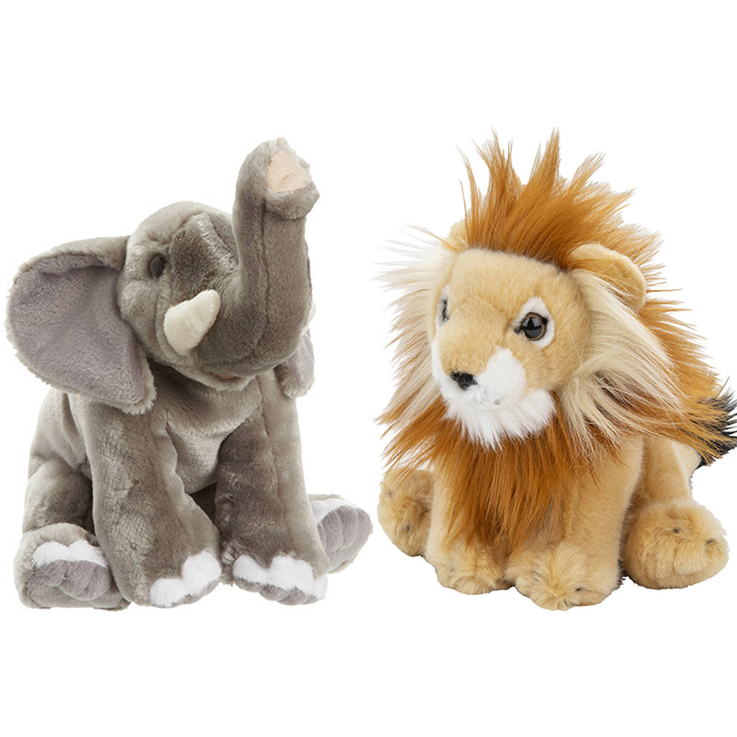 Nature Planet zachte pluche knuffels 2x stuks - leeuw en olifant van 18 cm - knuffeldier