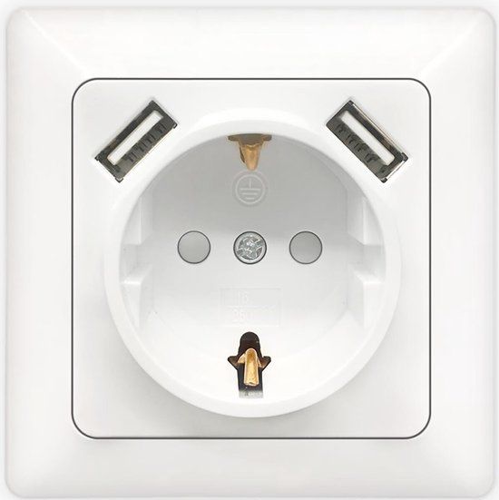 BES LED Wandcontactdoos - Aigi Cika - Inbouw - 1-voudig Stopcontact - 2-voudig USB Aansluiting - Randaarde - Incl. Afdekraam - Wit