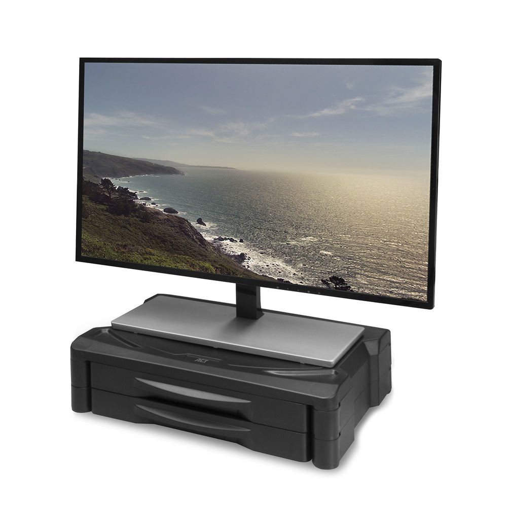 ACT Monitorstandaard extra breed met twee lades, in hoogte verstelbaar - Zwart - 32"