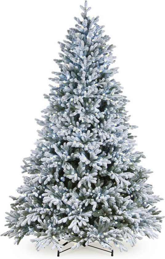 Snowy Hamilton Hinged verlichte kunstkerstboom - 228 cm - Wit geflockt donkergroen - Ø152 cm - 4598 tips - 700 ledlampjes (warm wit) - Besneeuwd/Frosted - Metalen voet