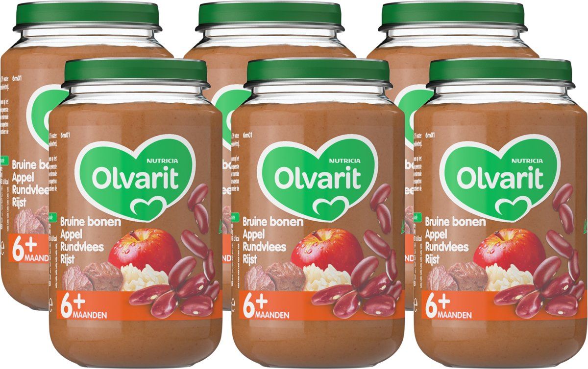 Olvarit babyvoeding bruine bonen appel rundvlees rijst 6 mnd 6 x 200 gram