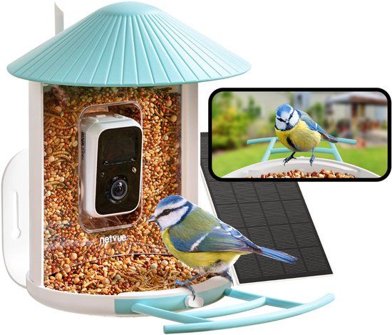 Birdfy Feeder with Solar Panel - Rechargeable Birdhouse Camera - AI Bird Recognition - Light Blue
