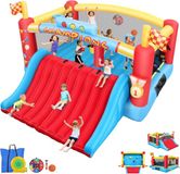 Springkasteel voor grotere kinderen (8-12 jaar), 4,1 m x 4,1 m, met grote glijbaan, opblaasbaar springoppervlak, klimwand, basketbalmand, versterkt materiaal, voor 3-5 kinderen
