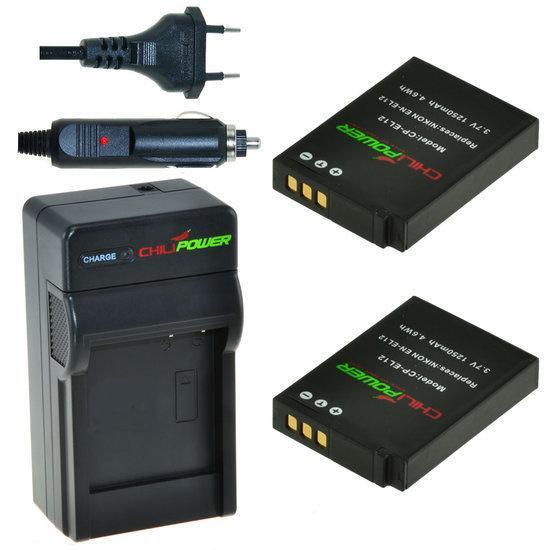 ChiliPower 2 x EN-EL12 accu's voor Nikon - inclusief oplader en autolader 2 x EN-EL12 accu's voor Nikon - inclusief oplader en autolader