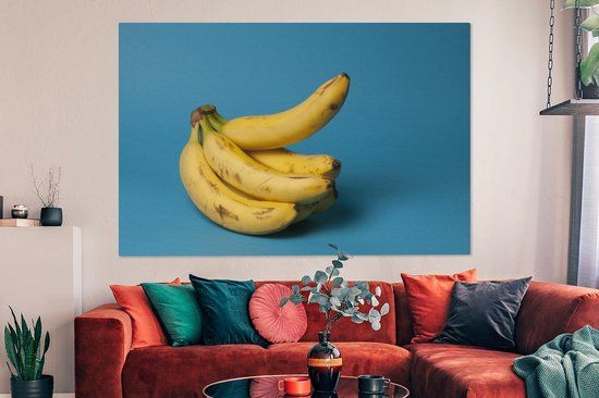 OneMillionCanvasses Canvas schilderij 150x100 cm - Banaan - Fruit - Blauw - Modern - Wanddecoratie