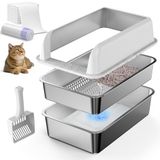 XL Kattenbakbox, gesloten van roestvrij staal, 60,6 x 40,6 x 30,5 cm, met deksel voor kattenbakvulling van grenenpellets, hoge zijkanten voor grote katten, anti-lekkage, gemakkelijk te reinigen