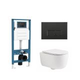 QeramiQ Dely Swirl Toiletset - inbouwreservoir Qeramiq Flush - slim zitting - kunststof mat zwarte bedieningsplaat - rechthoekige knoppen - mat wit